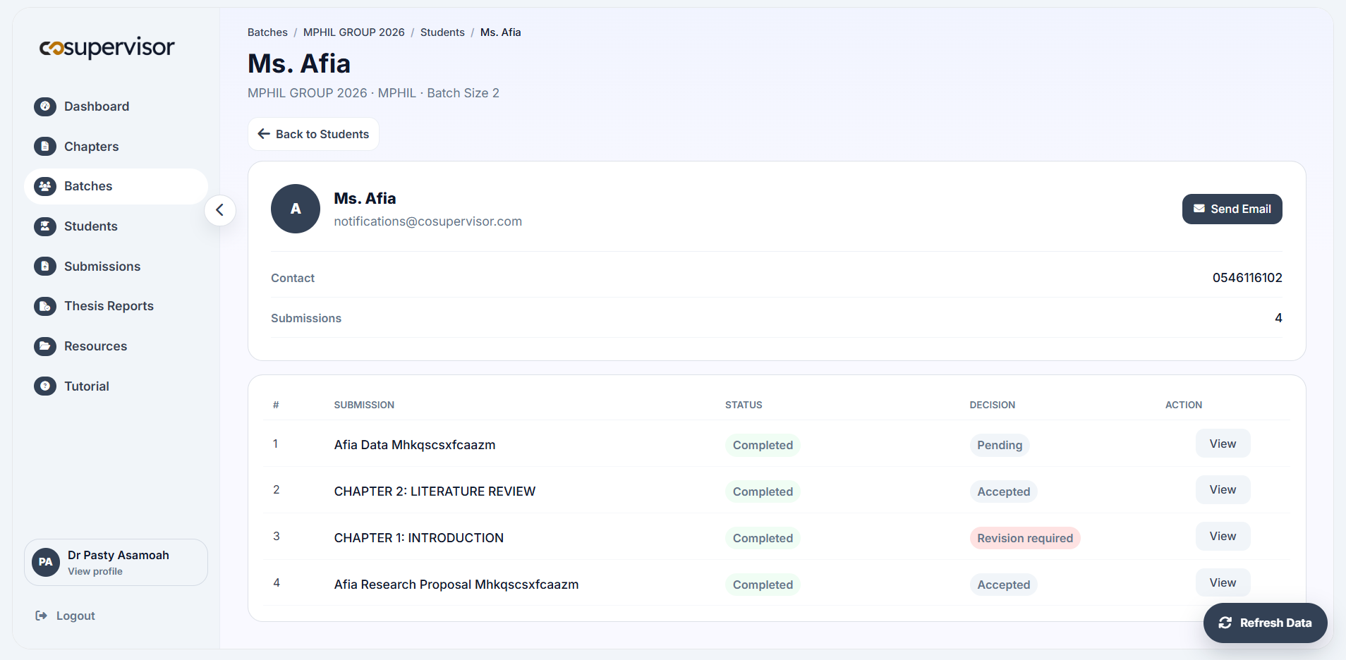 Supervisor view of a student's submissions and supervision status